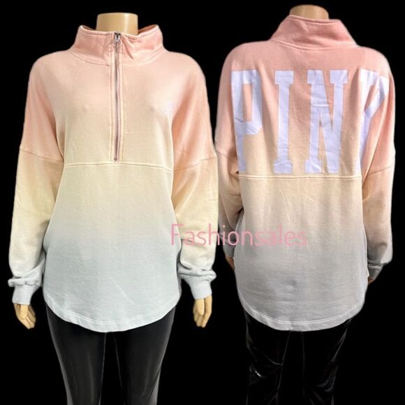 Victorias Secret Pink Varsity 1/2 Zip Oversized Sweatshirt Ombre Medium - Picture 5 of 6
